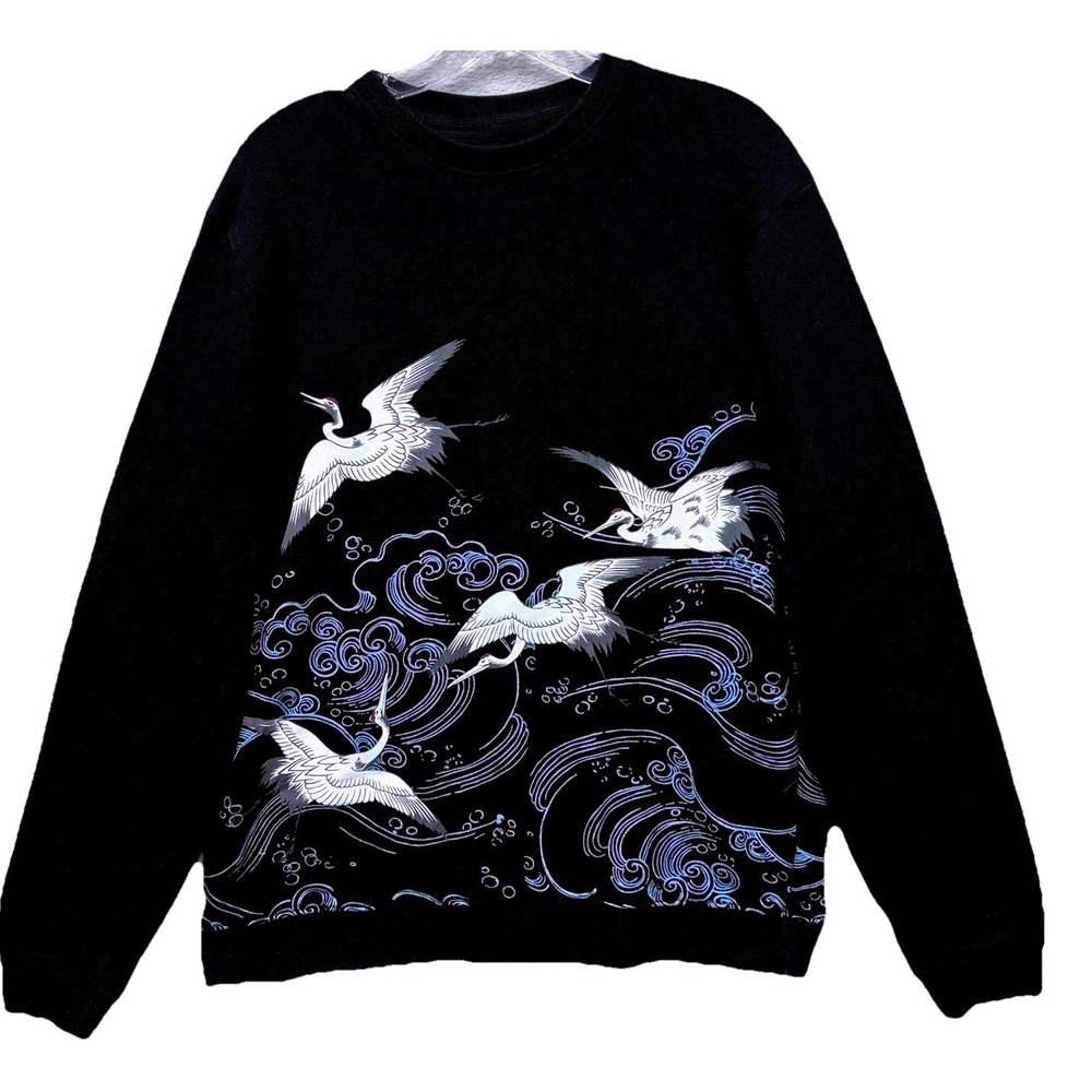Blind Rooster Crane and Wave Japanese Art Crewneck Sweatshirt Mens Med Black